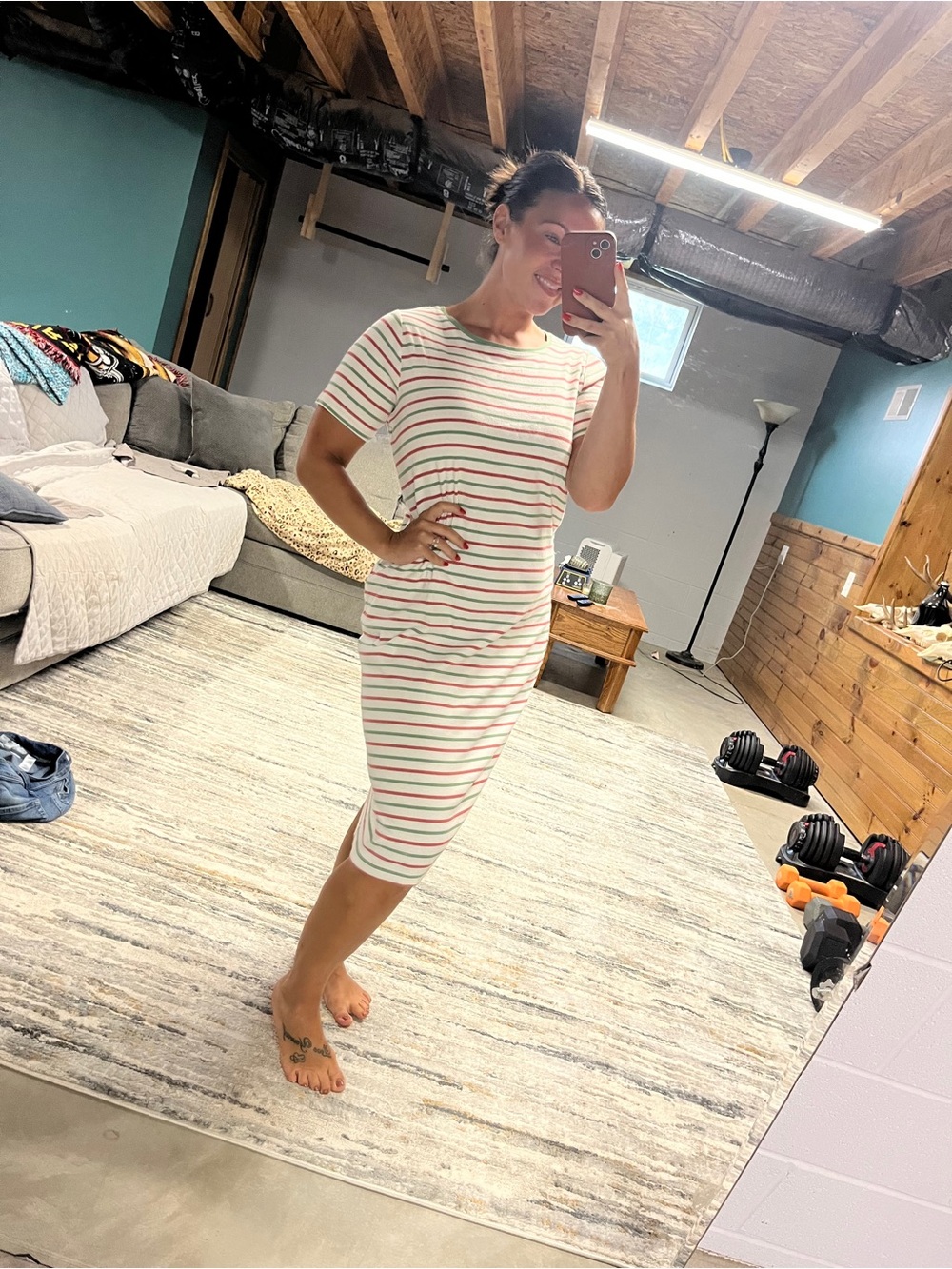 Striped Short Sleeve Midi Dress in White with Red and Green Stripes